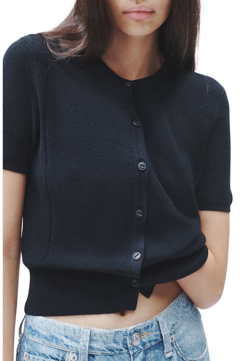 Dina Short Sleeve Cotton Blend Cardigan, Alternate, color, BLACK