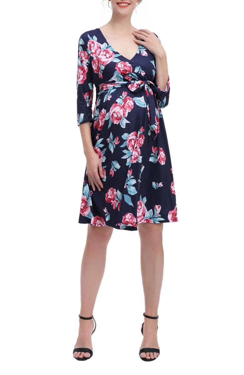 Kimi and Kai Diana Floral Faux Wrap Maternity Dress, Main, color, Blue