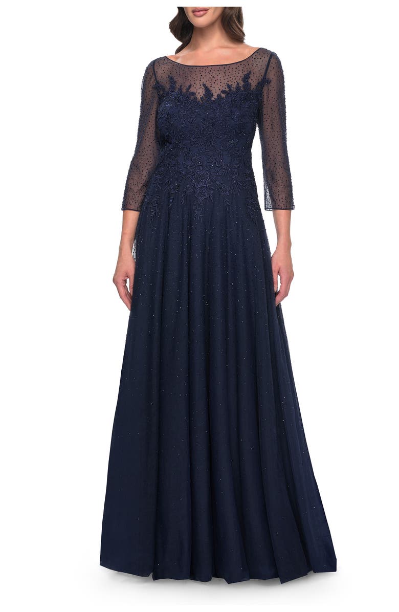 La Femme Rhinestone Embellished A-Line Tulle and Lace Evening Dress, Main, color, Navy