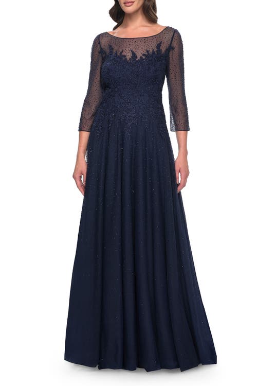 La Femme Rhinestone Embellished A-line Tulle And Lace Evening Dress In Navy