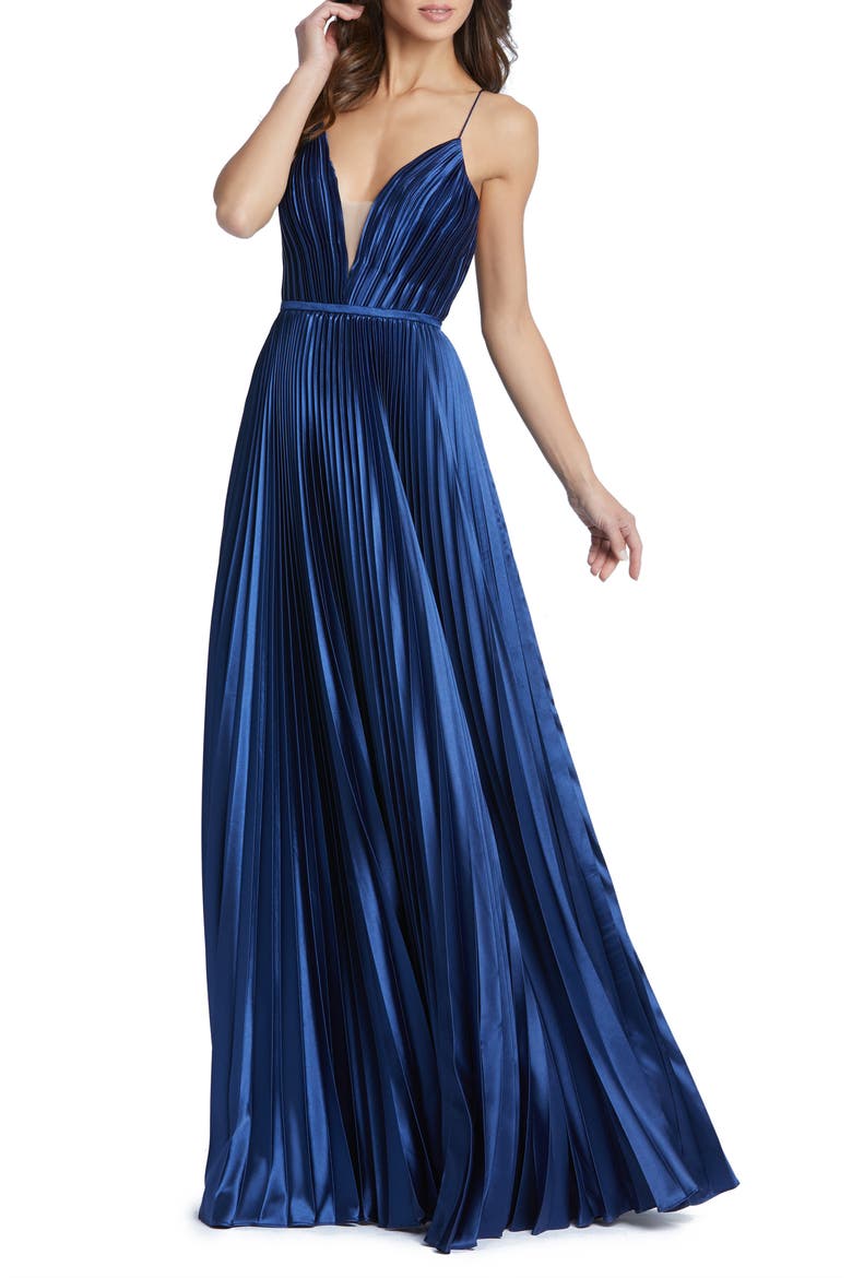 Ieena for MacDuggal Plunge Neck Pleated Ballgown, Main, color, MIDNIGHT