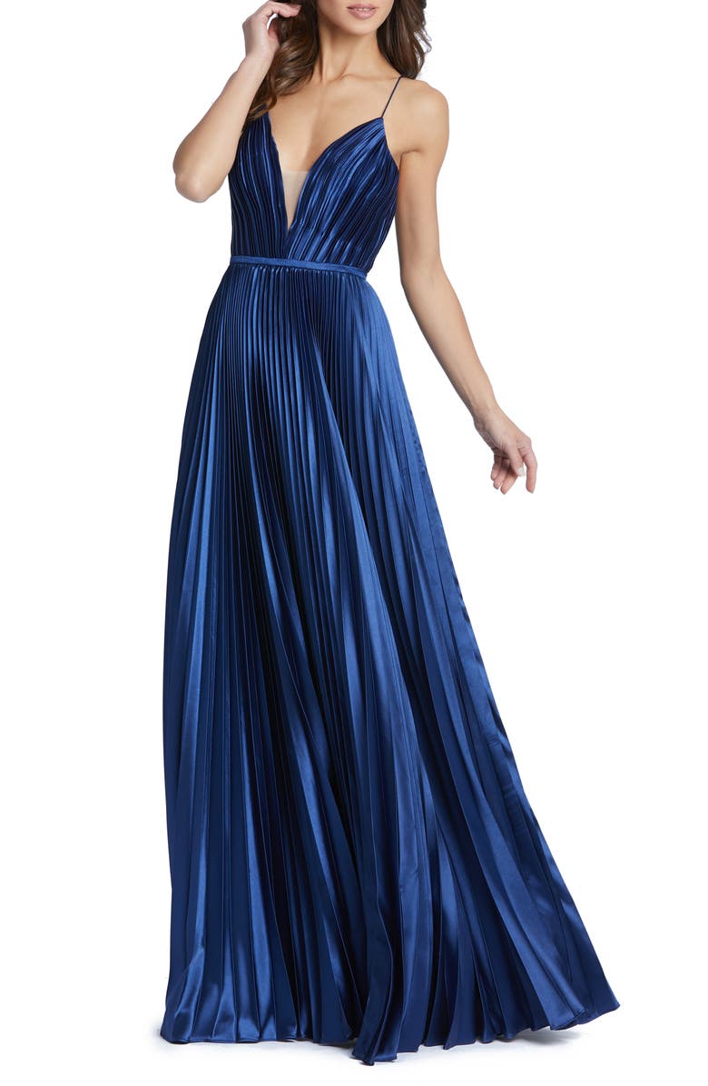 Ieena for Mac Duggal Ieena for MacDuggal Plunge Neck Pleated Ballgown, Main, color, 