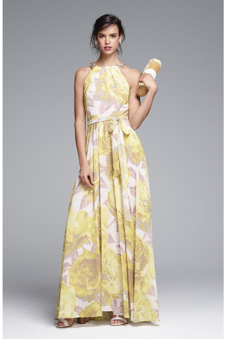 Beaded Print Chiffon Maxi Dress, Alternate, color, YELLOW