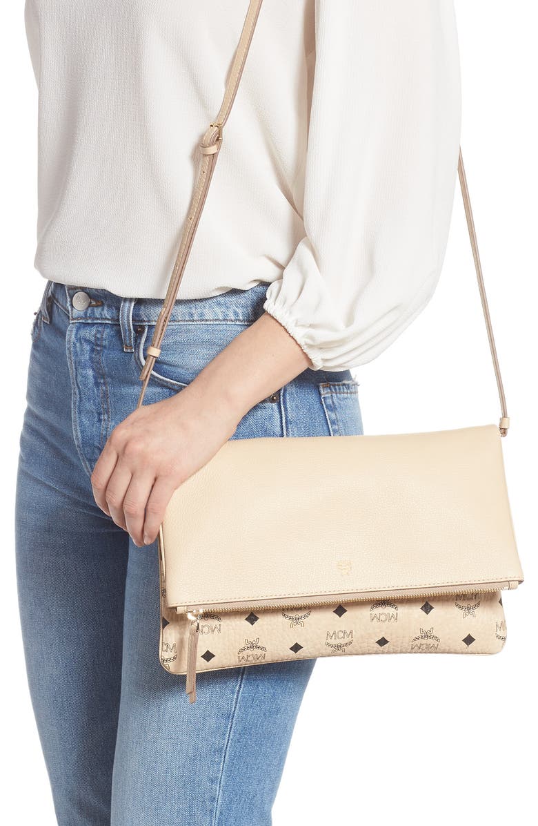 MCM Corina Leather & Visetos Canvas Foldover Crossbody Bag, Alternate, color,