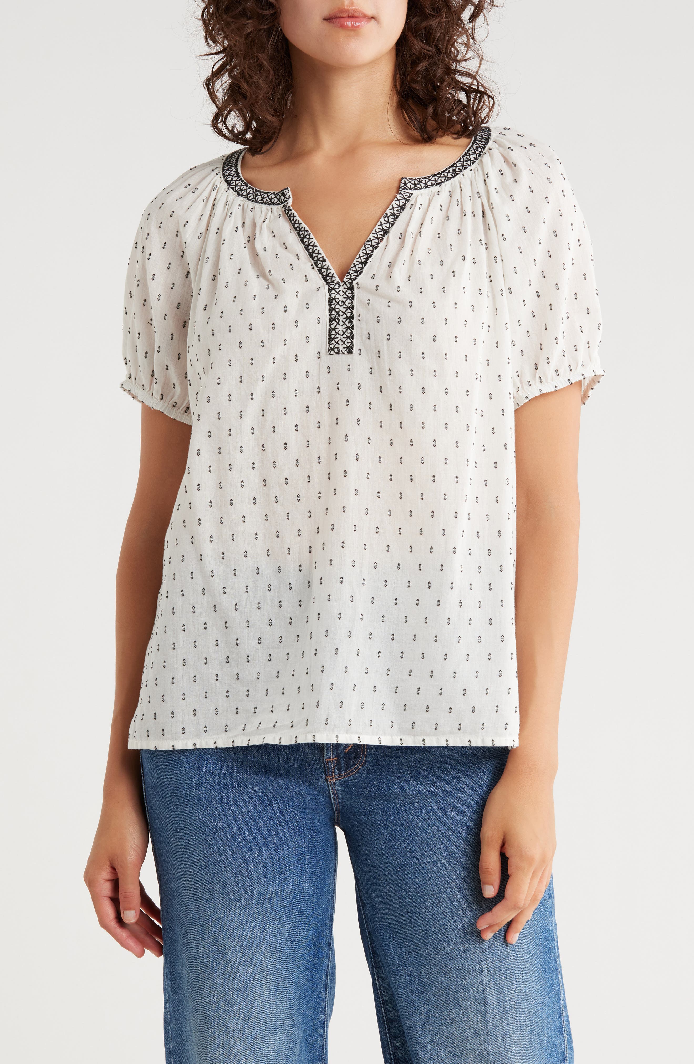 Lucky Brand Embroidered Puff Sleeve Cotton Blend Top