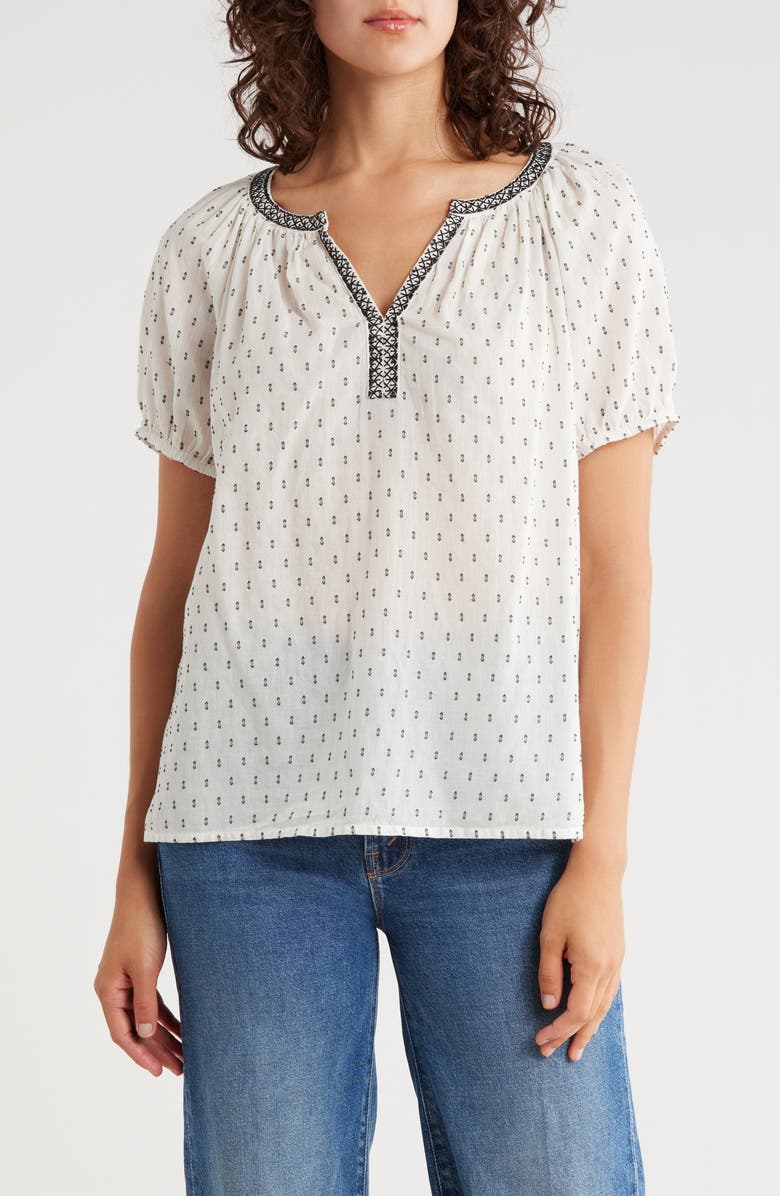 Lucky Brand Embroidered Puff Sleeve Cotton Blend Top, Main, color, Cream