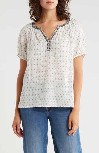 Lucky Brand Embroidered Puff Sleeve Cotton Blend Top