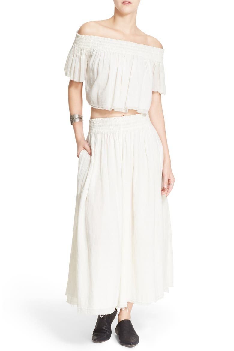 'Miss Stella' Off the Shoulder Crop Top & Culottes, Alternate, color, IVORY