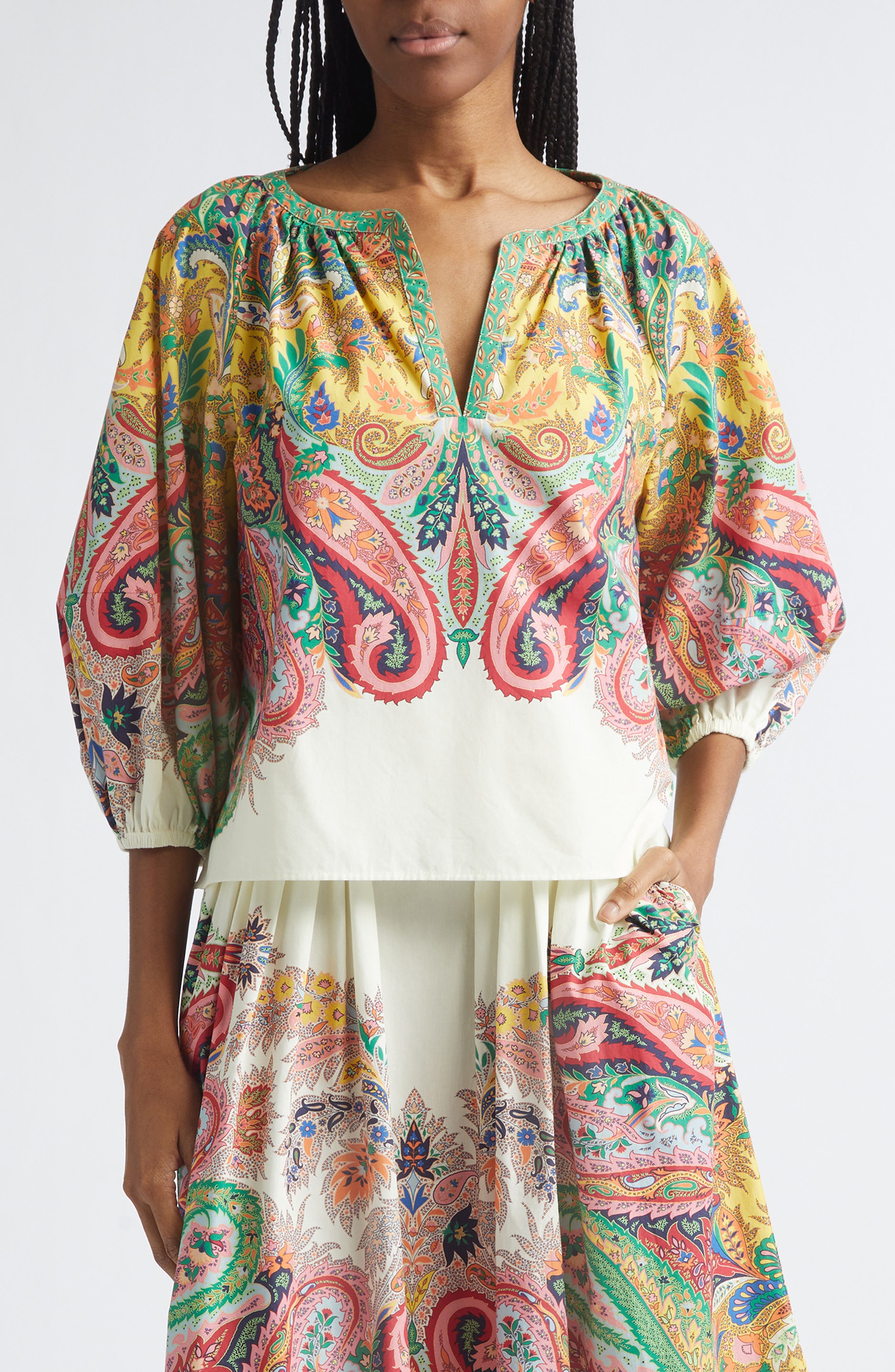 Paisley Print Cotton Split Neck Top