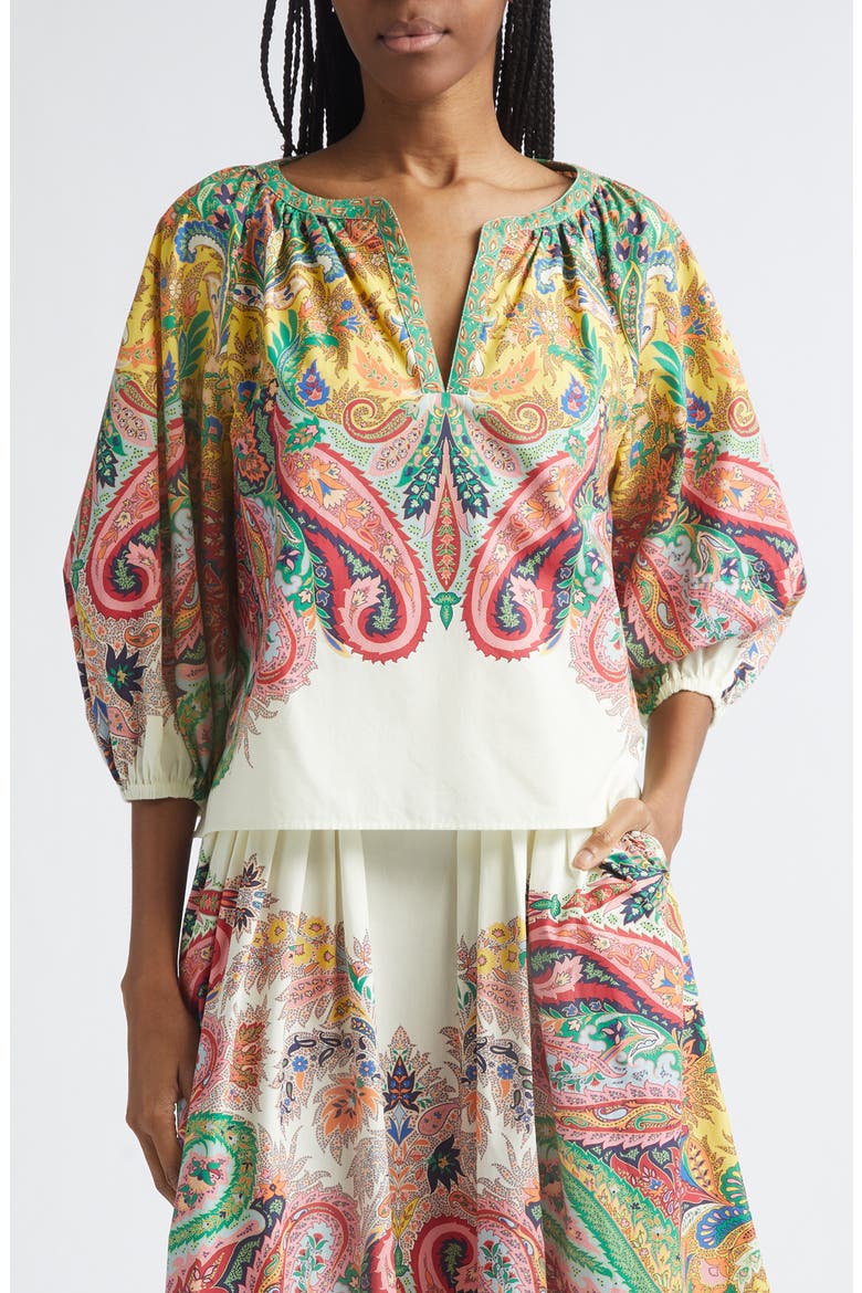 Paisley Print Cotton Split Neck Top, Main, color, PRINT ON WHITE BASE