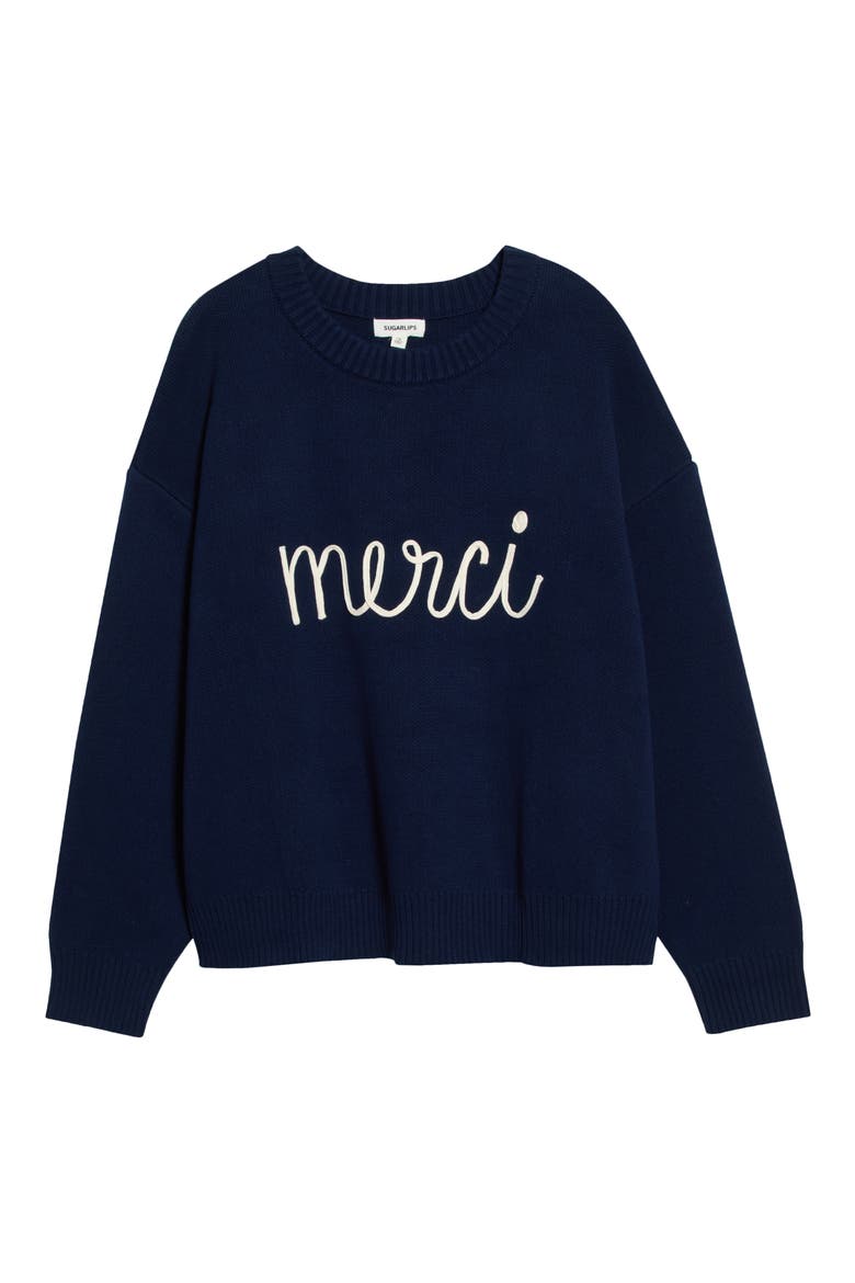 Merci Drop Shoulder Crewneck Sweater, Main, color, NAVY