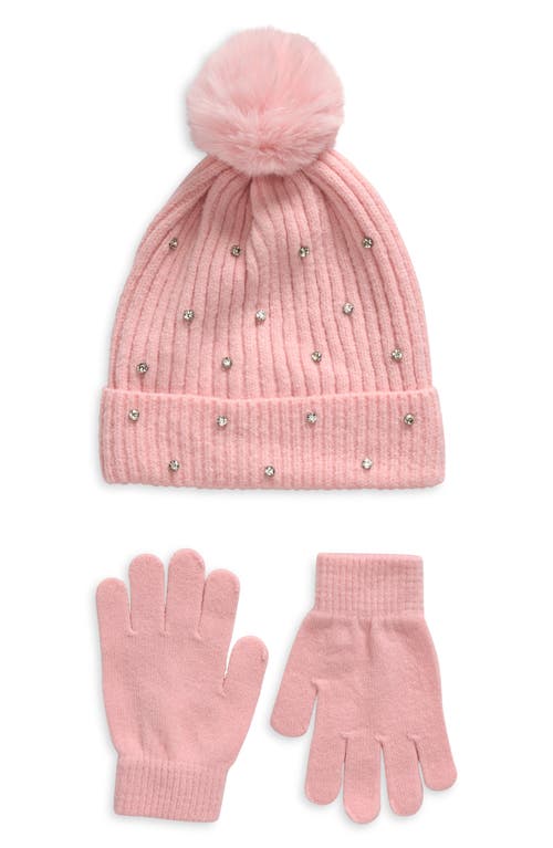 Capelli New York Kids' Crystal Embellished Rib Pompom Beanie & Gloves Set in Pink 