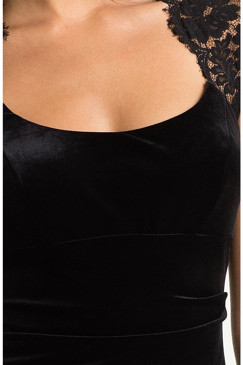 Xscape Lace Shoulder Ruched Velvet Sheath Dress, Alternate, color, BLACK