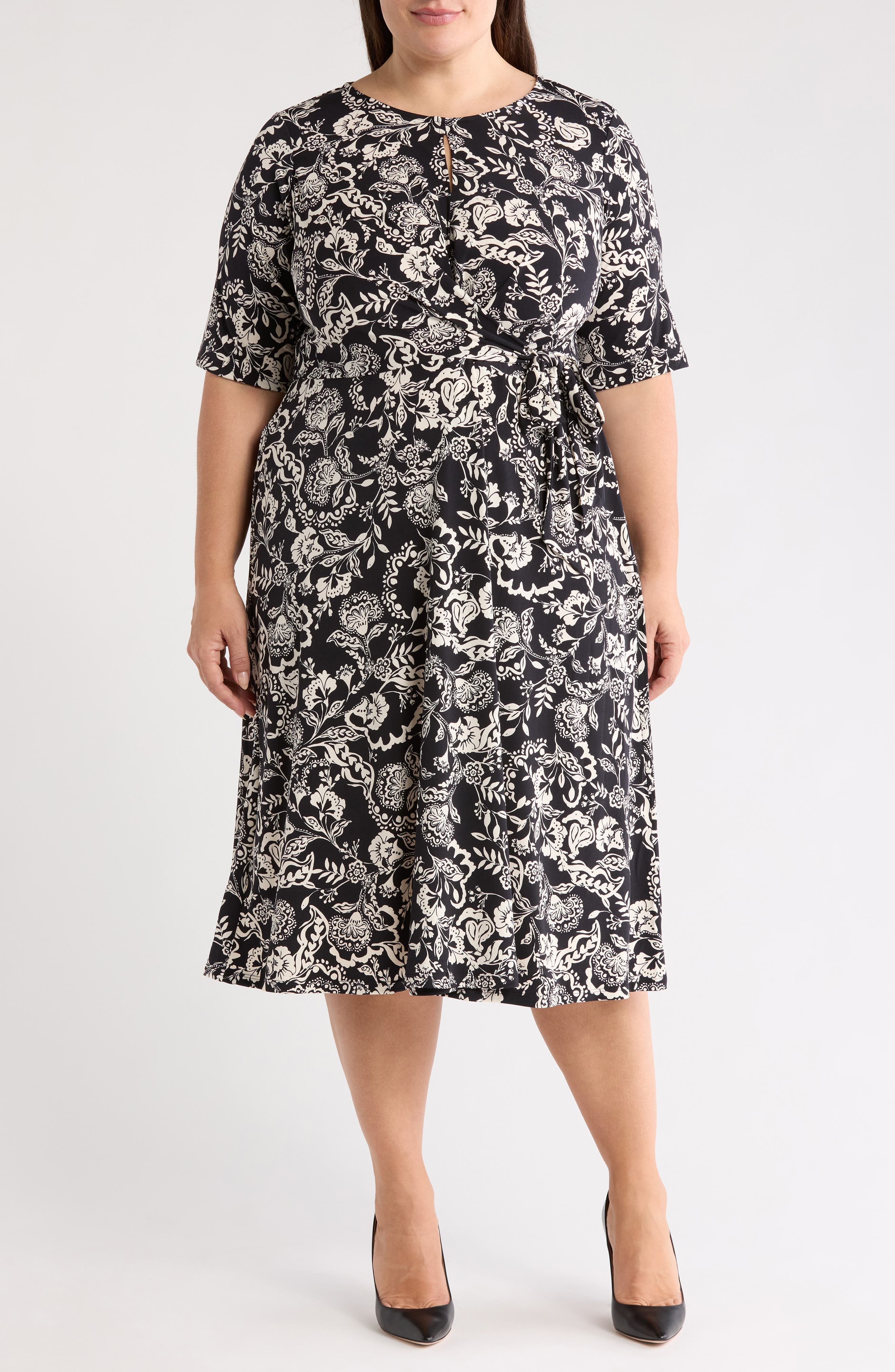 London Times Floral Elbow Sleeve Side Tie Fit & Flare Midi Dress
