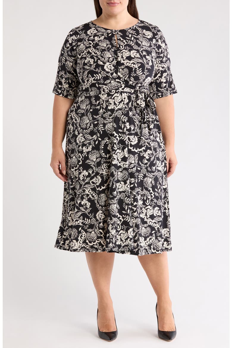 Floral Elbow Sleeve Side Tie Fit & Flare Midi Dress, Main, color, BLACK/ CREAM