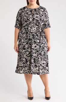 London Times Floral Elbow Sleeve Side Tie Fit & Flare Midi Dress