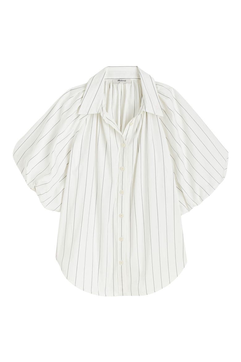 Stripe Shirred Bubble Sleeve Button-Up Shirt, Alternate, color, WHITE