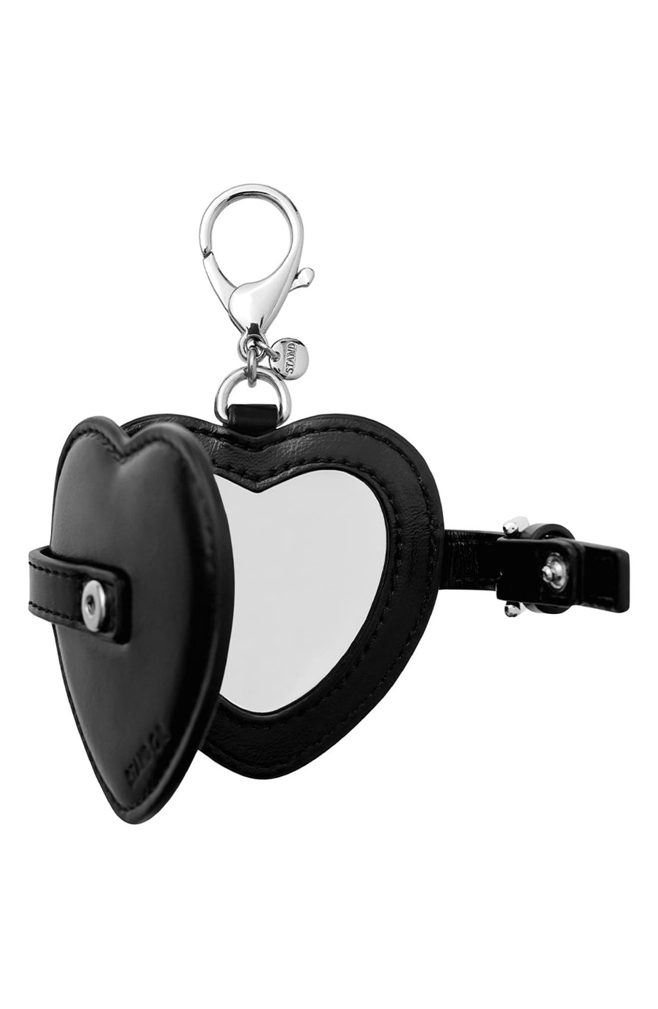 Stand Oil Belted Heart Mirror Faux Leather Key Ring Bag Charm, Alternate, color, Black
