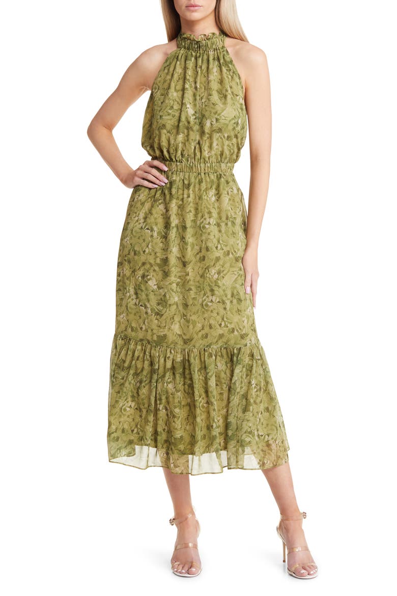 Floral Print Halter Neck Maxi Dress, Main, color, OLIVE SWAY BRUSHES
