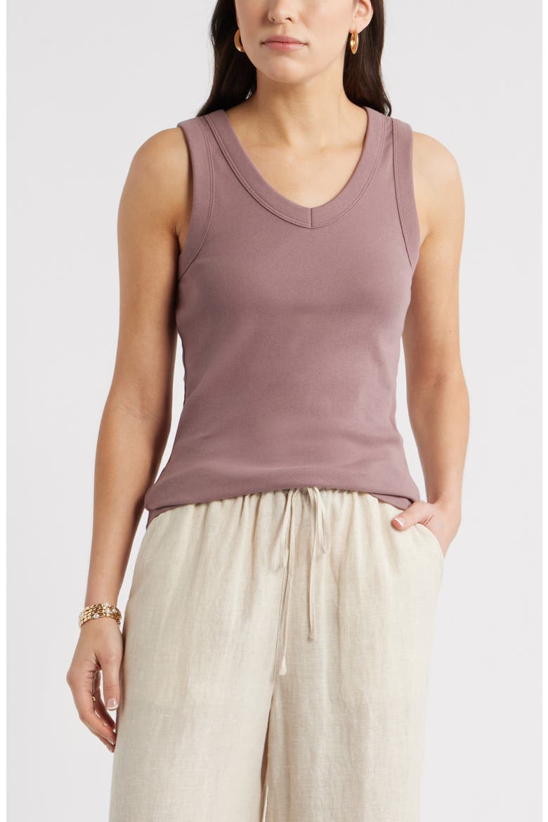 V-Neck Rib Cotton Tank, Main, color, PURPLE TAUPE
