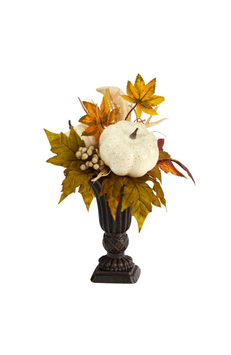 NEARLY NATURAL 13-in Fall Pumpkin and Berries Artificial Autumn Arrangement in Decorative Urn, Main, color, Orange