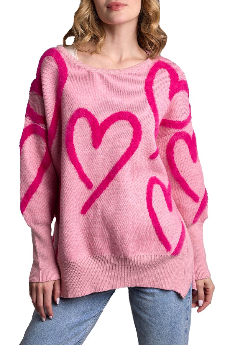 Wispy Heart Tunic Sweater, Main, color, PINK