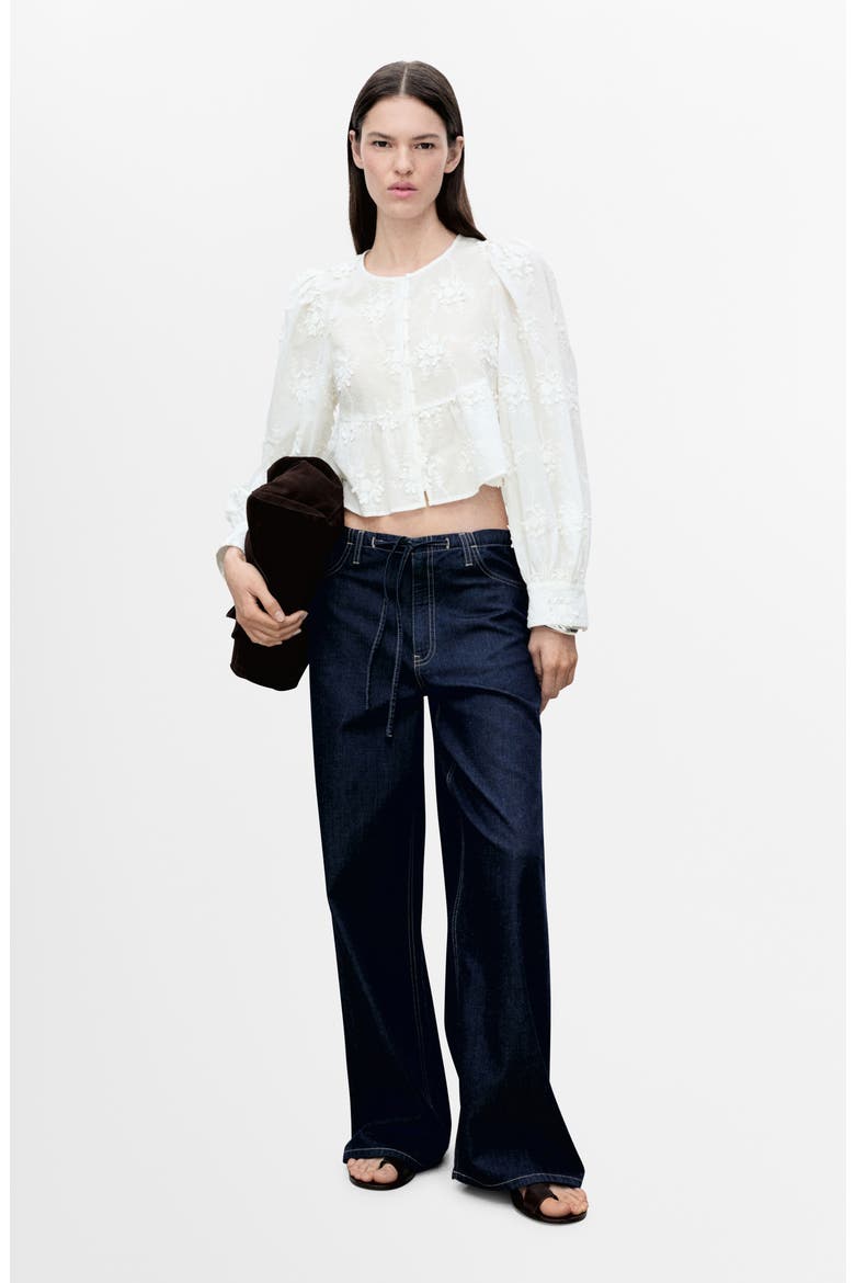 Floral Embroidered Cotton Peplum Button-Up Shirt, Alternate, color, OFF WHITE