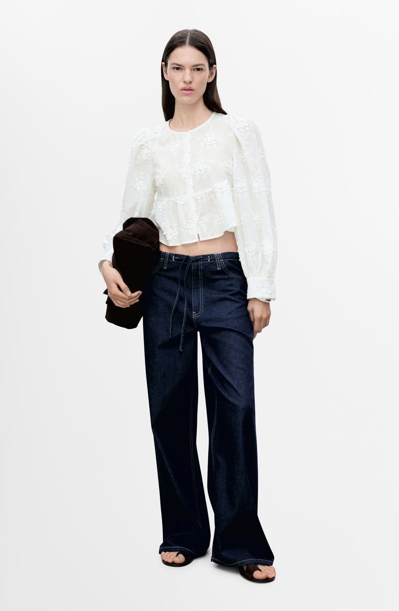 MANGO Floral Embroidered Cotton Peplum Button-Up Shirt, Alternate, color, Off White