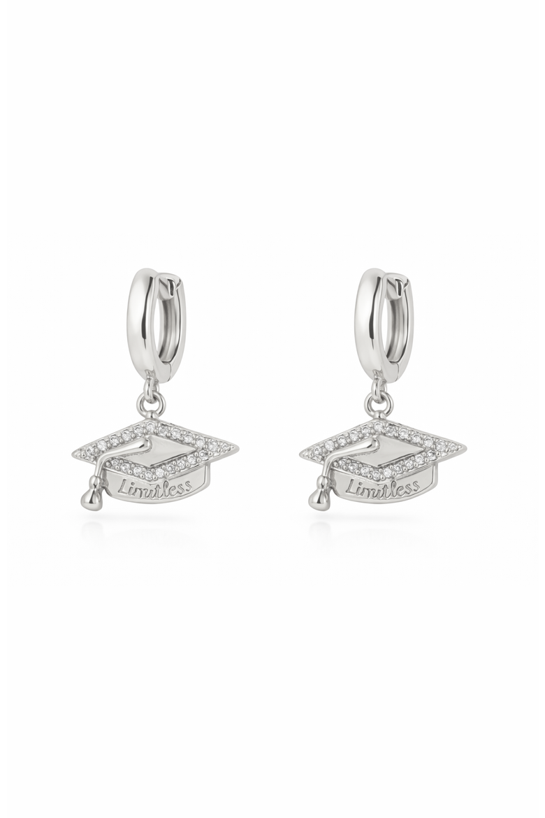Limitless Graduation Cap Huggie Hoop Earrings, Alternate, color, Silver
