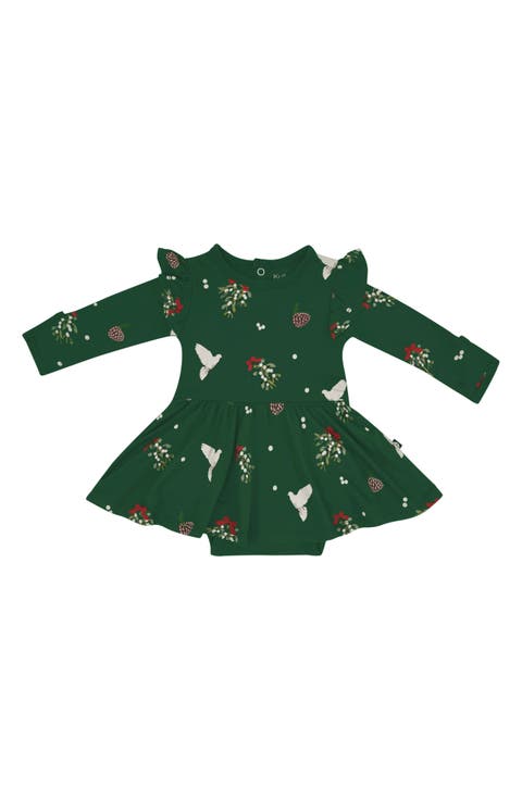 Mistletoe Print Twirl Long Sleeve Skirted Bodysuit (Baby)