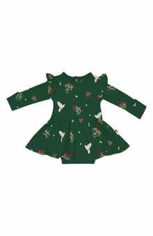 Kyte BABY Mistletoe Print Twirl Long Sleeve Skirted Bodysuit