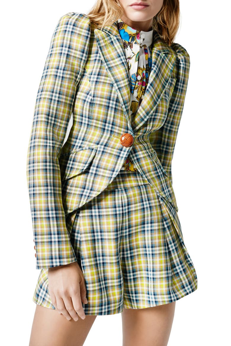 Plaid Puff Sleeve Blazer, Main, color, LIME PLAID