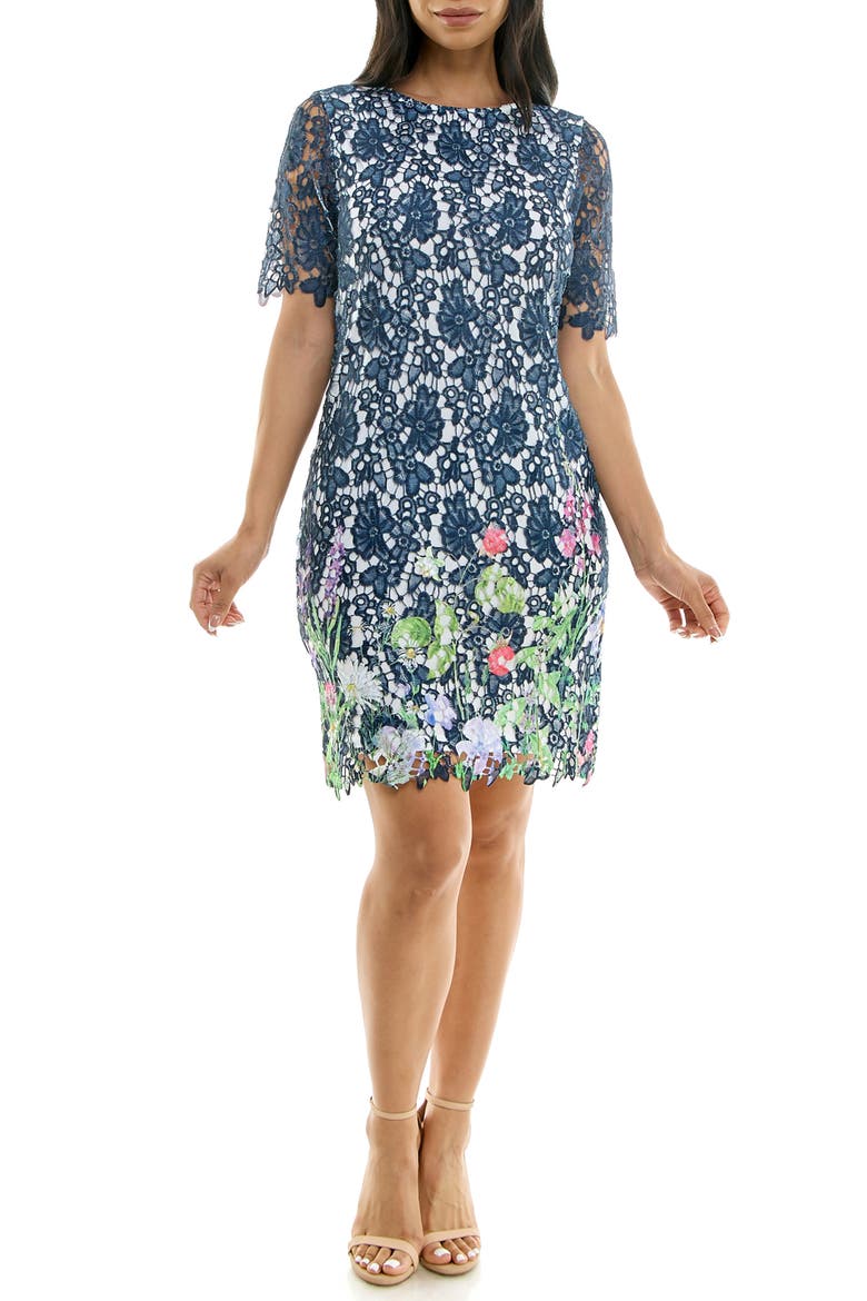 Floral Border Elbow Sleeve Lace Sheath Dress, Main, color, NAVY MULTI
