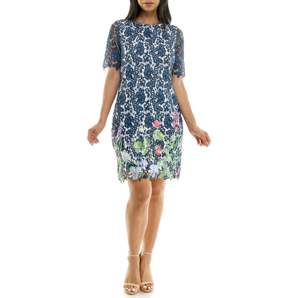 Nina Leonard Floral Border Elbow Sleeve Lace Sheath Dress In Navy Multi
