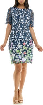 Nina Leonard Floral Border Elbow Sleeve Lace Sheath Dress