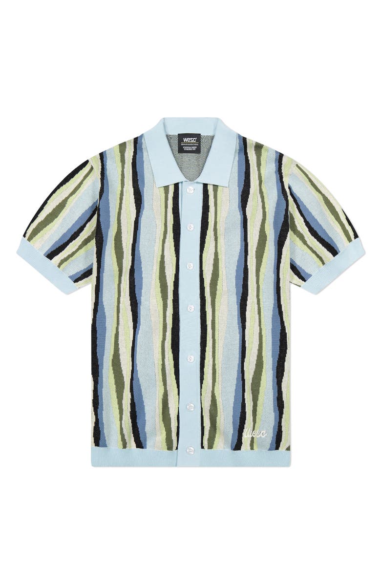 WeSC Short Sleeve Cotton Button-Down Sweater, Alternate, color, Winter Sky