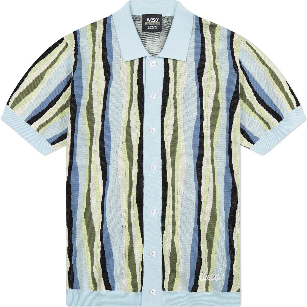 Wesc Short Sleeve Cotton Button-down Sweater In Blue