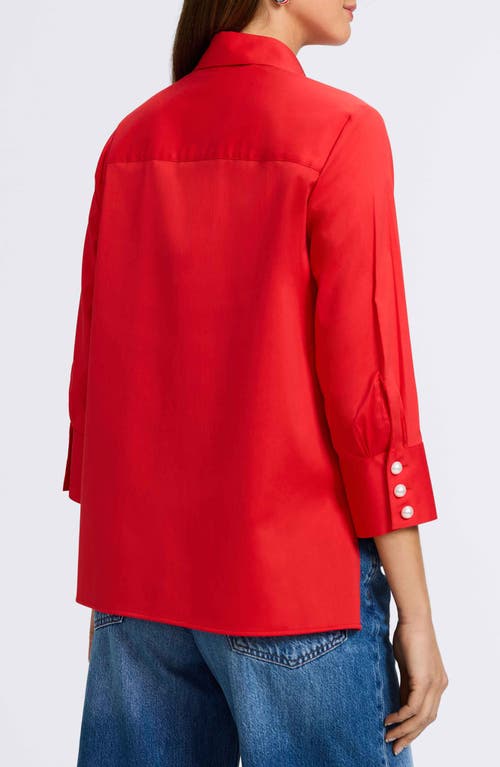 Foxcroft Pearl Three-quarter Sleeve Button-up Shirt In Scarlet Red