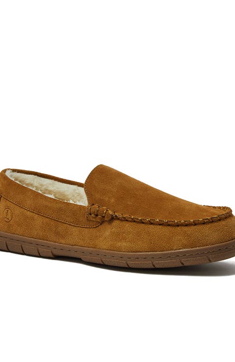 Wide Width Fuzzy Lined Suede Moccasin Slippers