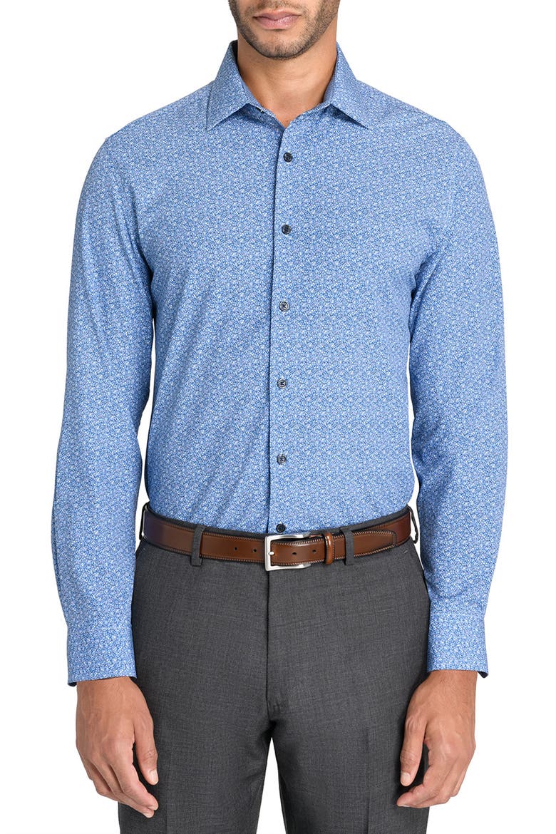 Slim Fit Micro Floral Performance Dress Shirt, Main, color, NAVY