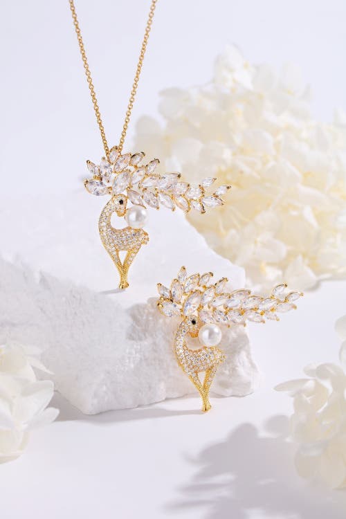 Classicharms Gold Pave And Pearl Reindeer Brooch Necklace Set In Gold