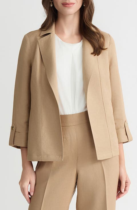 KASPER Seamed Open Front Linen Blend Jacket (Regular & Petite)