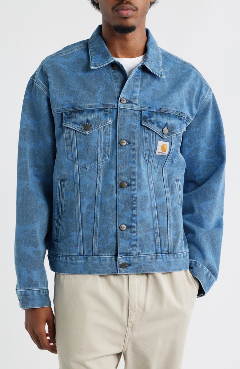 Carhartt Work In Progress Duck Camo Print Organic Cotton Denim Trucker Jacket, Alternate, color, Camo Blue Bleached
