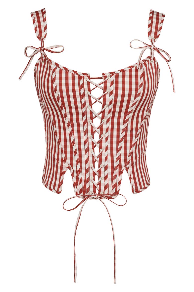 Callie Lace-Up Front Corset Top, Alternate, color, GINGHAM SAVVY RED WHITE SMOKE