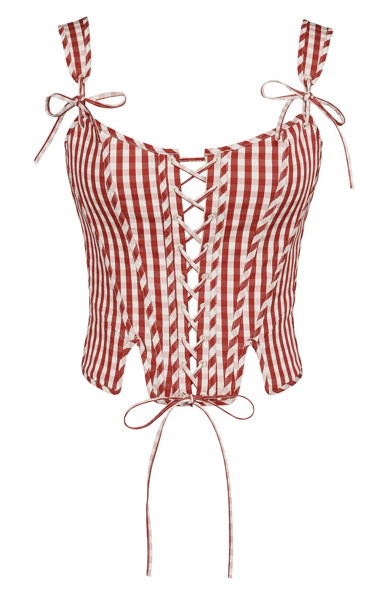 HOUSE OF CB Callie Lace-Up Front Corset Top, Alternate, color, Gingham Savvy Red White Smoke