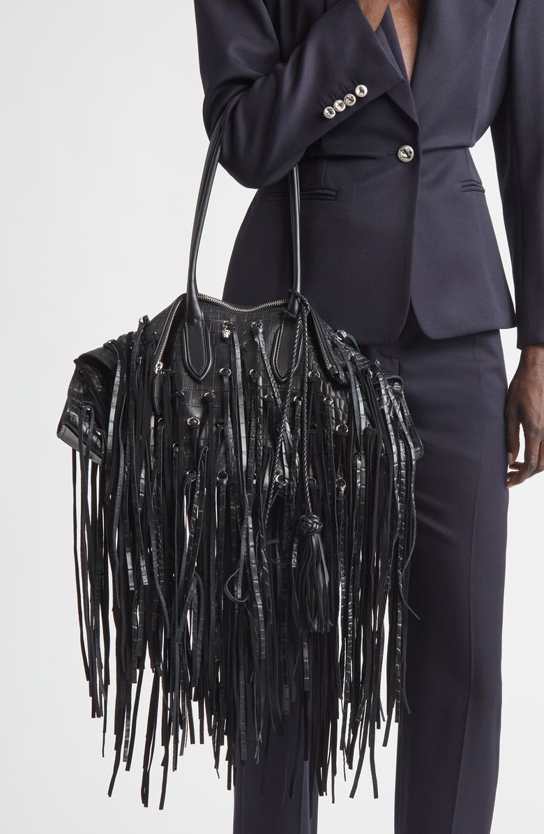 McQueen Manta Fringe Embellished Croc Embossed Leather Shoulder Bag, Alternate, color, Black/ Silver