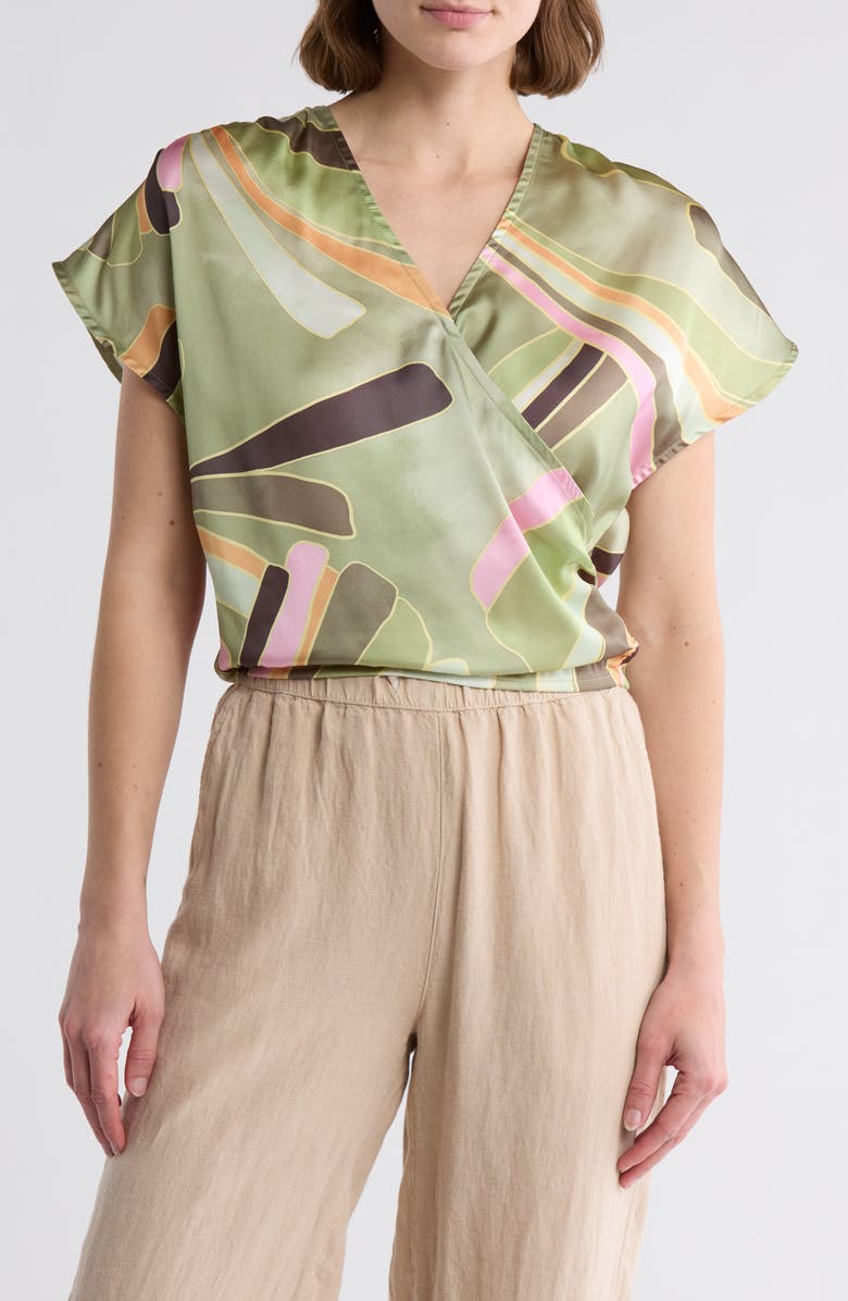 Elan Palm Print Surplice Neck Cover-Up Crop Top, Main, color, Green Manila Print