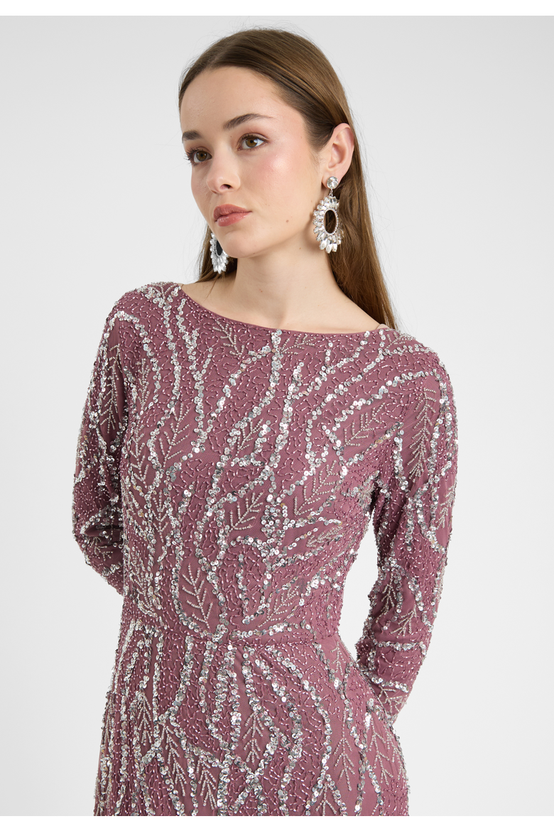 Modest Embellished Sequin Beaded Dress Maxi With A Line Bottom, Alternate, color, MAUVE