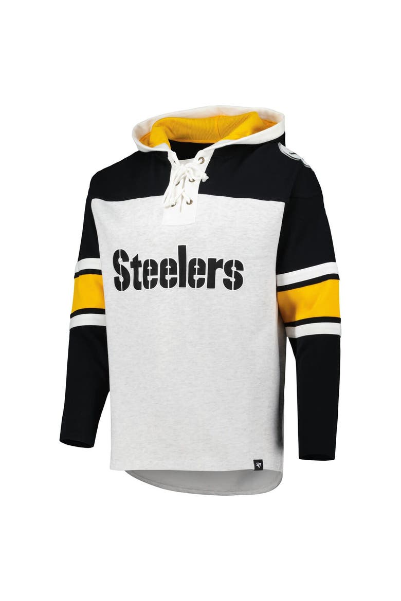 Men's '47 Pittsburgh Steelers Heather Gray Gridiron Lace-Up Pullover Hoodie, Alternate, color, Heather Gray