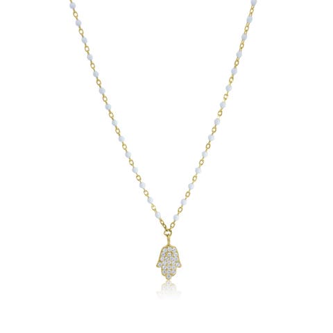 White Enamel Bead Hamsa Necklace